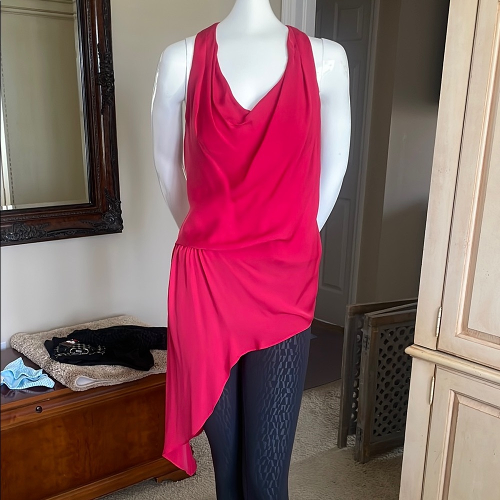Haute Hippie Asymmetrical Draped Cowl Neck Ruched Waist Fitted Top S EUC Silk